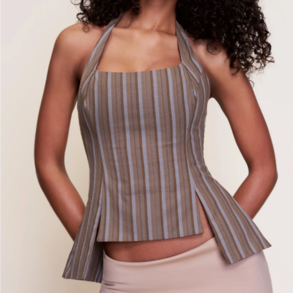 Danielle Guizio Brown and Blue Striped Halter Top